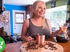 NEW BLEND OF COFFEE: CAFFE MOCHA CANNABIS LATTE woman smiling holding chimex coffee in home kitchen