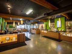 Green-Theory: Concrete, Bamboo & All-Natural Comfort interior of cannabis dispensary with green walls and wood display counters