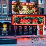 Alaska Takes Step Forward In Opening Marijuana Cafes smokey coffeeshop storefront with bright red lights in amsterdamn