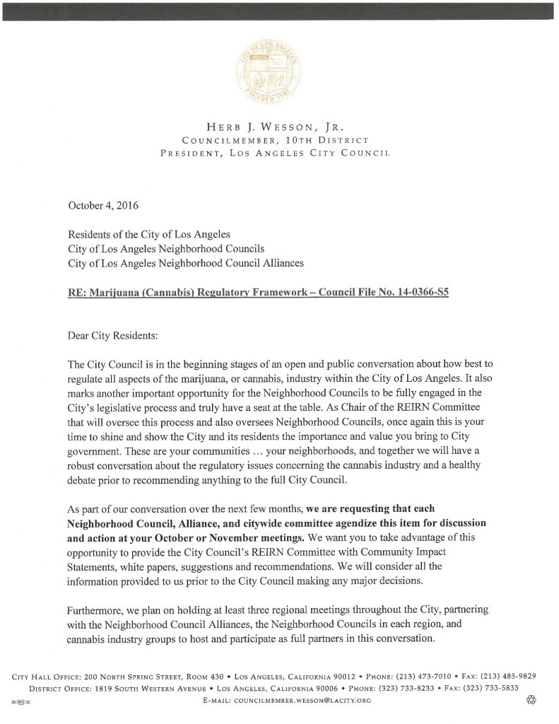 letter below Council President Herb J Wesson, Jr. regarding his goals and timelines for implementation of state medical marijuana regulations, and possible state recreational marijuana regulations: