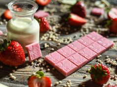 Get Lucky With These 7 Cannabis Valentine’s Day Gifts pink cannabis-infused chocolate bars on a table with strawberries and cream