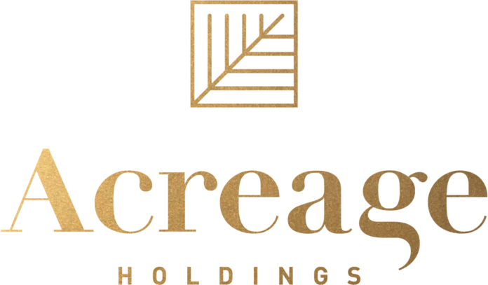 white backgrounds gold letters spelling Acreage Holdings beneath a gold box