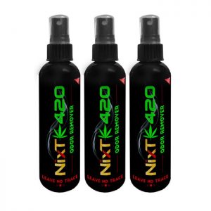 three small black bottles of nixt420 odor spray
