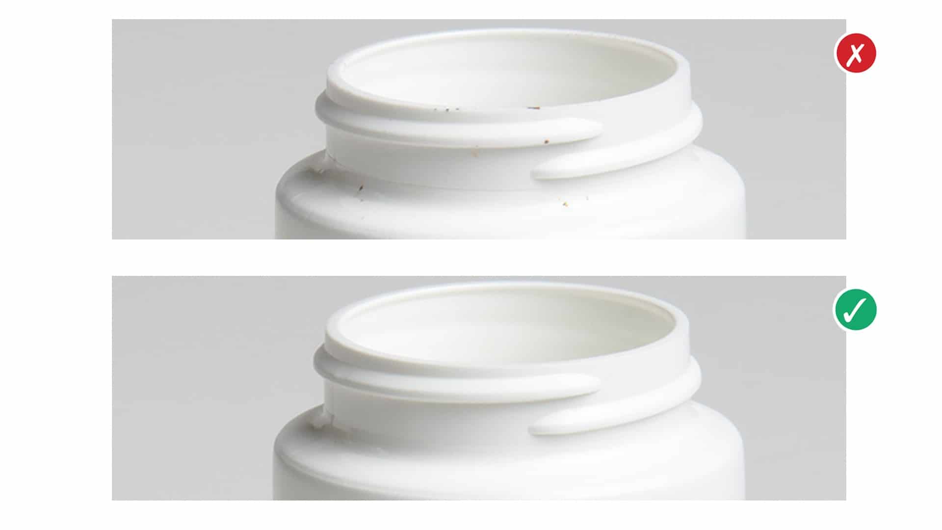 Upper image: plastic bottle containing carbonized resin. Lower image: plastic bottle correctly manufactured. (Images courtesy of Drug Plastics.)