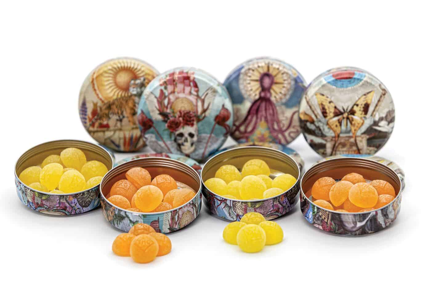 Binske edible gummy tins with psychadelic designs