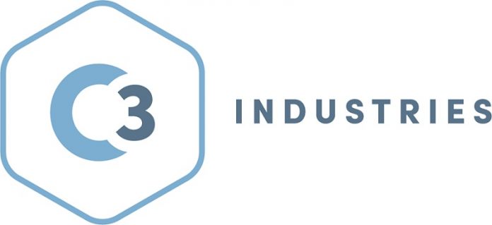 C3 Industries logo white background blue letters c3 in hexagon adjacent to the word industries