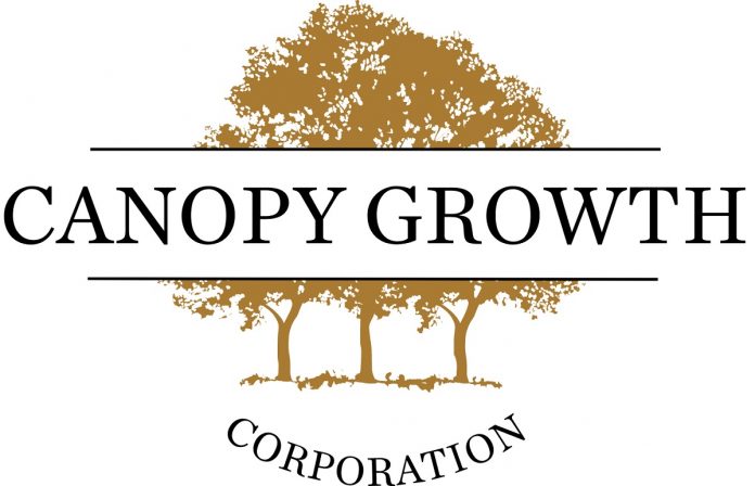Canopy growth logo white background black text reading canopy growth in front of a gold threesome of trees