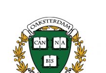 OAKSTERDAM UNIVERSITY + GOLDEN GATE UNIVERSITY: Unique new partnership offers students pathway to Bachelor’s Degree in the Business of Cannabis white background oaksterdam university logo with a green shield and yellow cannabis leaf motif around the shield