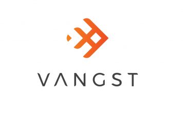 Vangst logo white background vangst in black with orange abstract geometric symbol above the text
