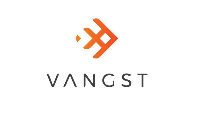 Vangst logo white background vangst in black with orange abstract geometric symbol above the text