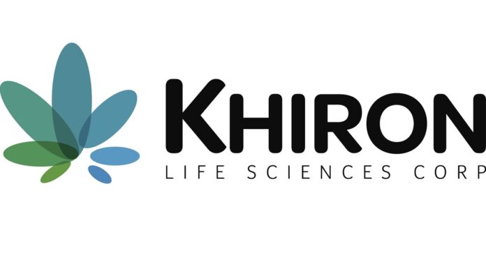 white background khiron life sciences in black letters next to a blue and green cannabis leaf