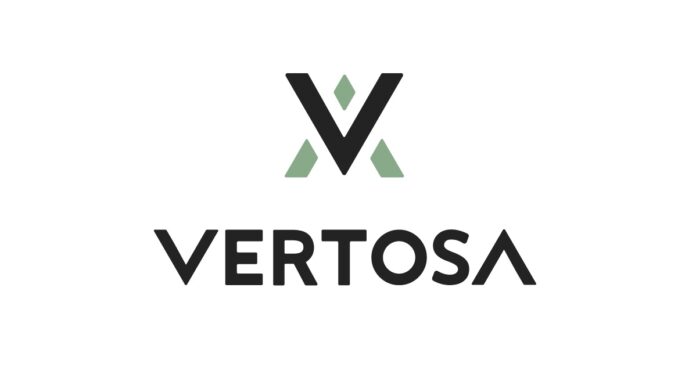 Vertosa logo white background black text reading vertosa with a black and green V above the text