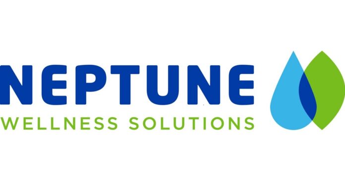Neptune Wellness Solutions logo white background neptune in large blue text wellness solutions in green in smaller text with a green and blue pair of tear drops to the right of the text