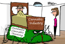 Jerry King’s Cannabis Cartoon | June 2021 bed monster cannabis cartoon by Jerry King for mg Magazine mgretailer