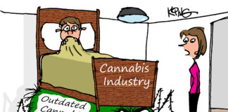 Jerry King’s Cannabis Cartoon | June 2021 bed monster cannabis cartoon by Jerry King for mg Magazine mgretailer