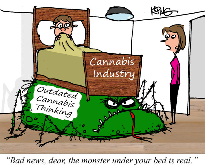 bed monster cannabis cartoon by Jerry King for mg Magazine mgretailer