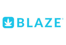 The cannabis industry’s first tech-enabled B2B lending product launches in California and Massachusetts blaze logo white background light blue text reading Blaze to the right of a blue cannabis leaf