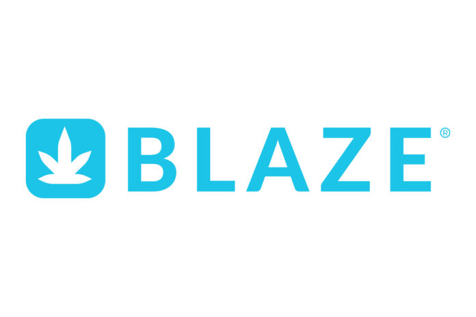 blaze logo white background light blue text reading Blaze to the right of a blue cannabis leaf