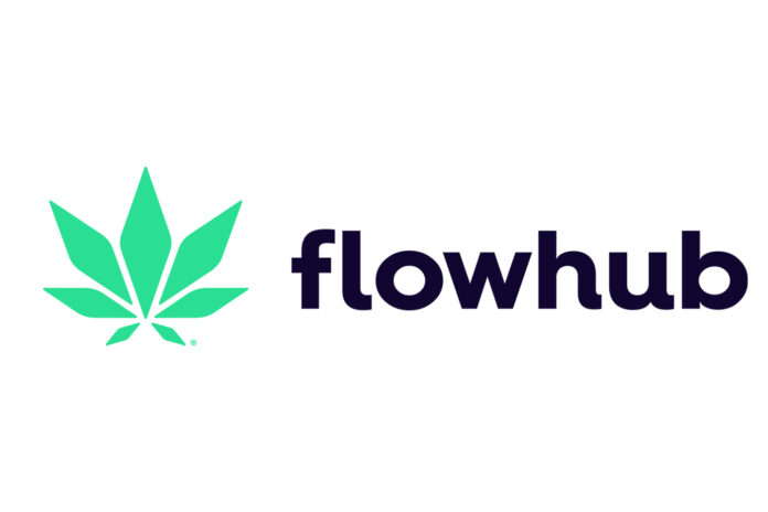 flowhub logo white background green cannabis leaf flowhub in black lowercase text