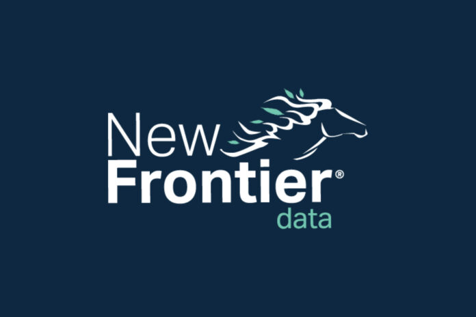 new frontier data logo navy blue background new frontier in white font data in green font and the head of a horse with its mane blowing in the wind