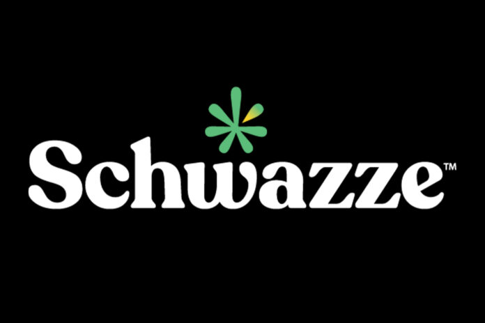 schwazze logo black background white text and an abstract cannabis leaf above the text