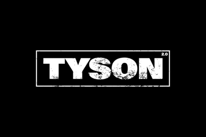 tyson 2.0 logo black background with TYSON in bold white distressed letters