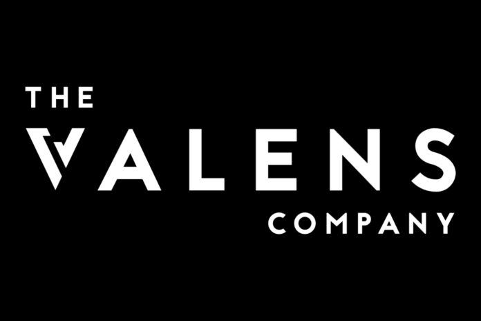 The Valens Company logo black background white capital letters