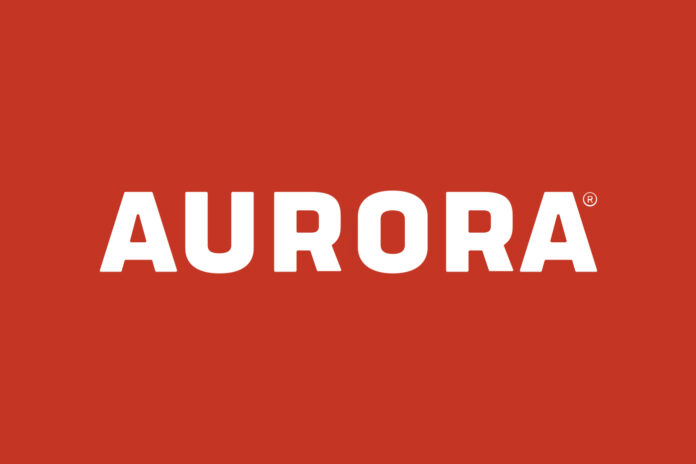 aurora logo red background white bold capital letters spelling aurora across the center of the logo image