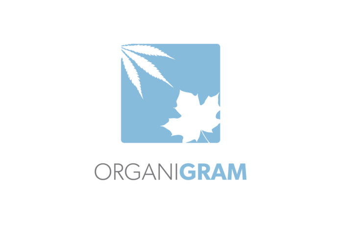organigram logo white background powder blue square with a white cannabis leaf in the upper left of the square and a maple leaf in the lower right corner of the square centered directly beneath the square is the word organigram in capital sans serif font organi is written in black and gram is written in powder blue