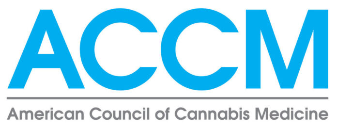 American council of cannabis medicine logo white background blue capital letters ACCM above the title of the organization written out in black sentence case letters below