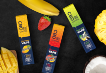 CBD Living Launches New Disposable Vapes with Twice the CBD CBD Living vape packages on a black background amidst fresh fruit