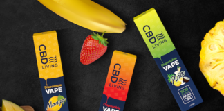 CBD Living Launches New Disposable Vapes with Twice the CBD CBD Living vape packages on a black background amidst fresh fruit
