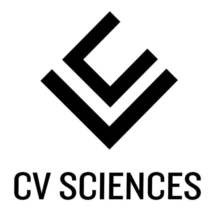 CV Sciences logo white background black writing spelling cv sciences beneath a black abstract box