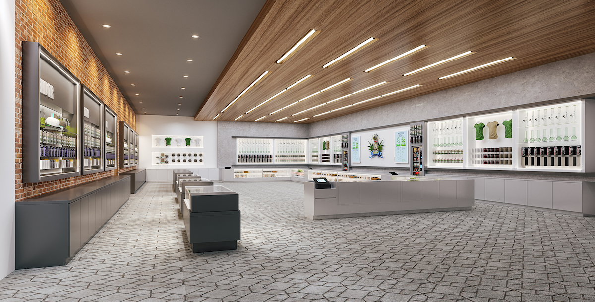 the inside of a spacious dispensary with gray tiled floor and wood paneled ceilings clear glass cases line the walls