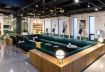 Planning a Social Consumption Lounge Is No Easy Task Large green couch in cannabis social lounge