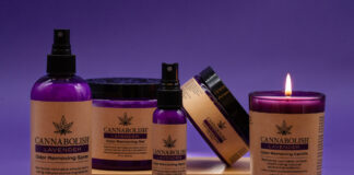 Cannabolish Announces A Terpene-Based Solution For A Terpene-Based Problem lavender Cannabolish products purple background with sprays and a candle there is brown wrapping around all the purple product containers