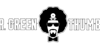 Dr Greenthumbs logo white background black text with a doctor wearing sunglasses sporting an afro and goatee wearing a bow tie