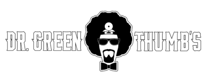 Dr Greenthumbs logo white background black text with a doctor wearing sunglasses sporting an afro and goatee wearing a bow tie