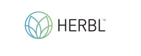 HERBL Logo with an outline of a blue and green lotus flower to the left of the text HERBL