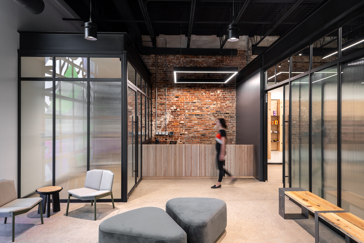 dispensary interior with wood floors and translucent walls