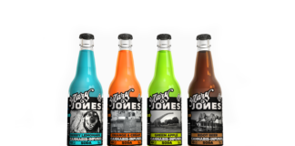 Mary Jones – 1st Cannabis Soda with Real Soda Taste – Debuts in California four glass bottles of mary jones soda lined up next to one another one is turqoise and labeled berry lemonade, one is orange and labeled orange and cream, one is lime green and labeled green apple, and one is brown and labeled root beer. The Mary Jones logo sticks out prominently in black and white bold letters on each bottle