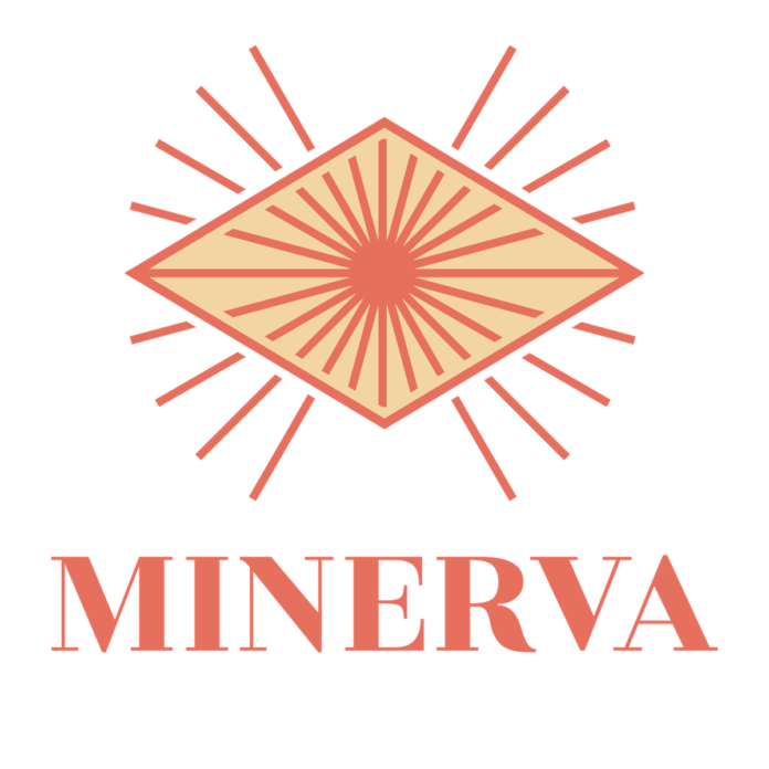 Minerva Logo white background orange capital serif letters spelling minerva beneath an orange diamond with a geometric sunburst in the center