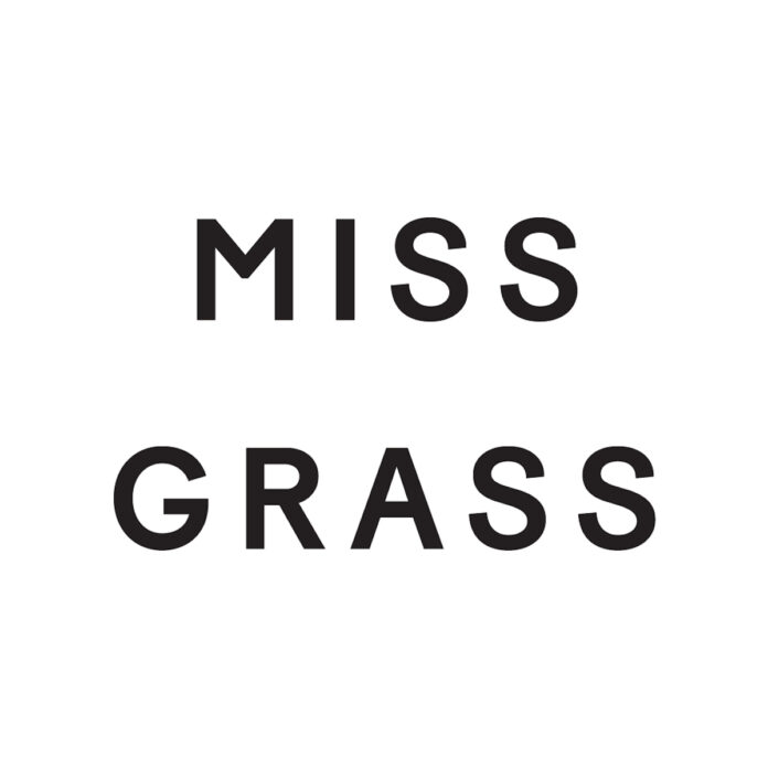 Miss Grass Logo white background black capital letters miss on top of grass