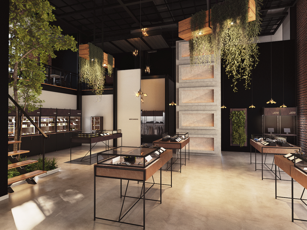 low lit dispensary with black walls plants hanging from the ceiling and delicate industrial chic display tables
