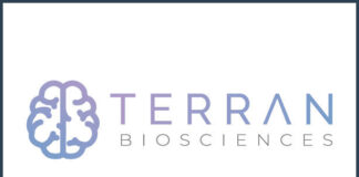 Terran Biosciences and Blumentech S.L. announce acquisition of psychedelics patent portfolio terran logo a white background lavendar and soft blue text next to the outline of a brain