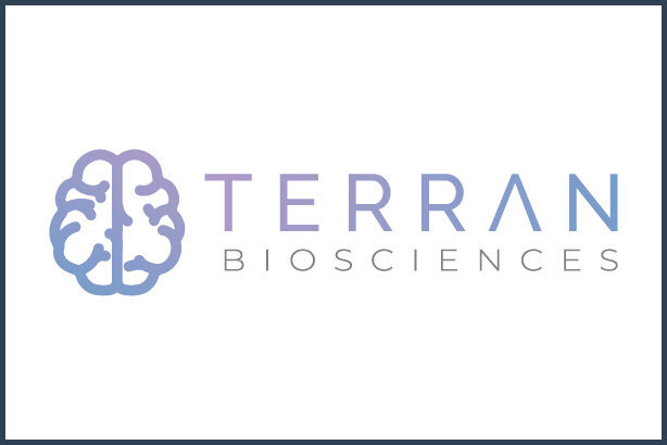 terran logo a white background lavendar and soft blue text next to the outline of a brain