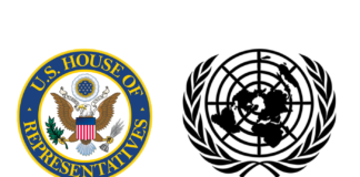Reps. Mace and Lee Introduce Resolution Instructing UN to Deschedule Cannabis US House of Representatives seal with the eagle in the center and the United Nations logo with olive branches around a circular world map