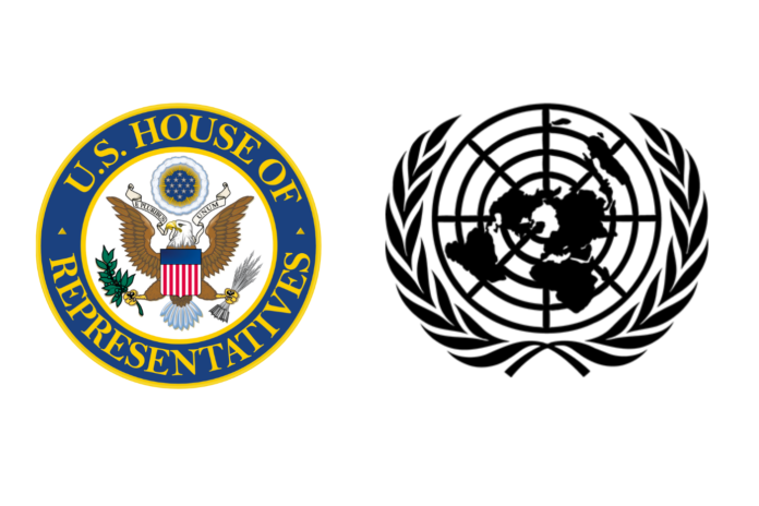 US House of Representatives seal with the eagle in the center and the United Nations logo with olive branches around a circular world map