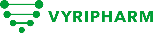 Vyripharm logo white background green uppercase letters spelling vyripharm with a dna sequence to the left of the word in the same kelly green