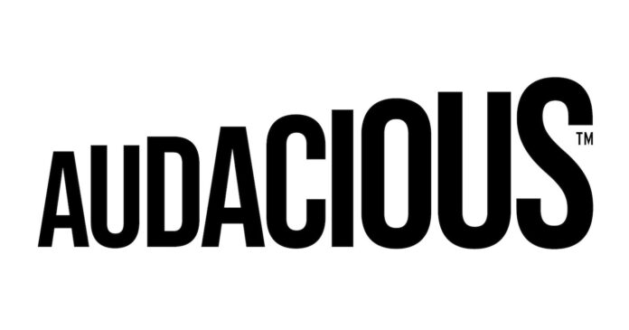 audacious logo white background black bold sans serif font spelling audacious in capital letters and each letter of the word is a little bigger than the last